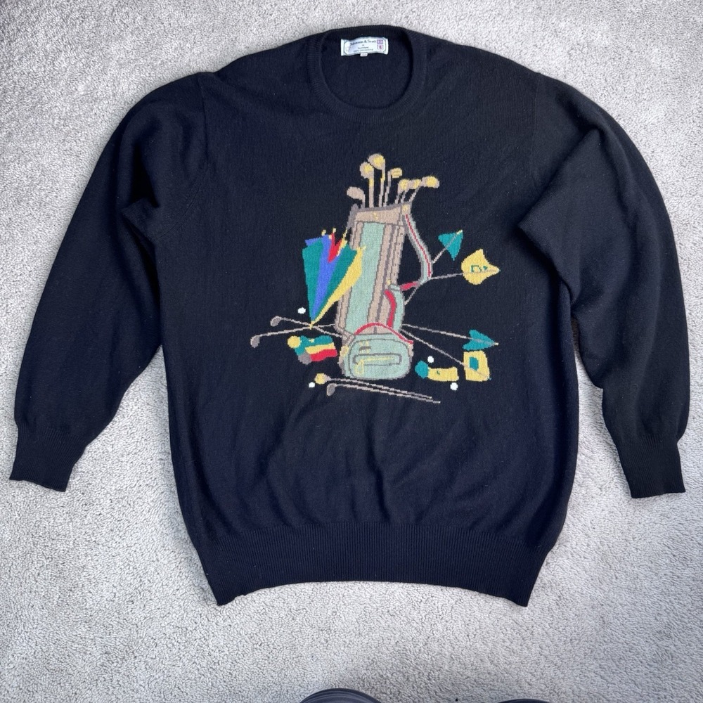 Johnson & Scott Men's Black Cashmere Golf Pullover Sweater‎ Rib Knit Size 46 XL